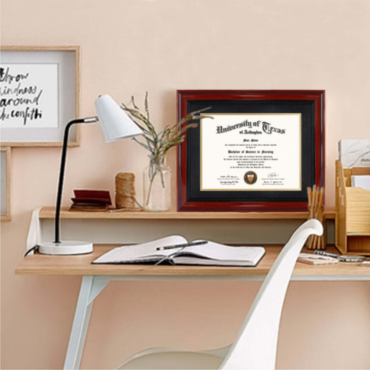 Certificate Document Diploma Cherry Finish with Intricate Black Rope Detail Solid Wood Frame with Mat for 8.5x11