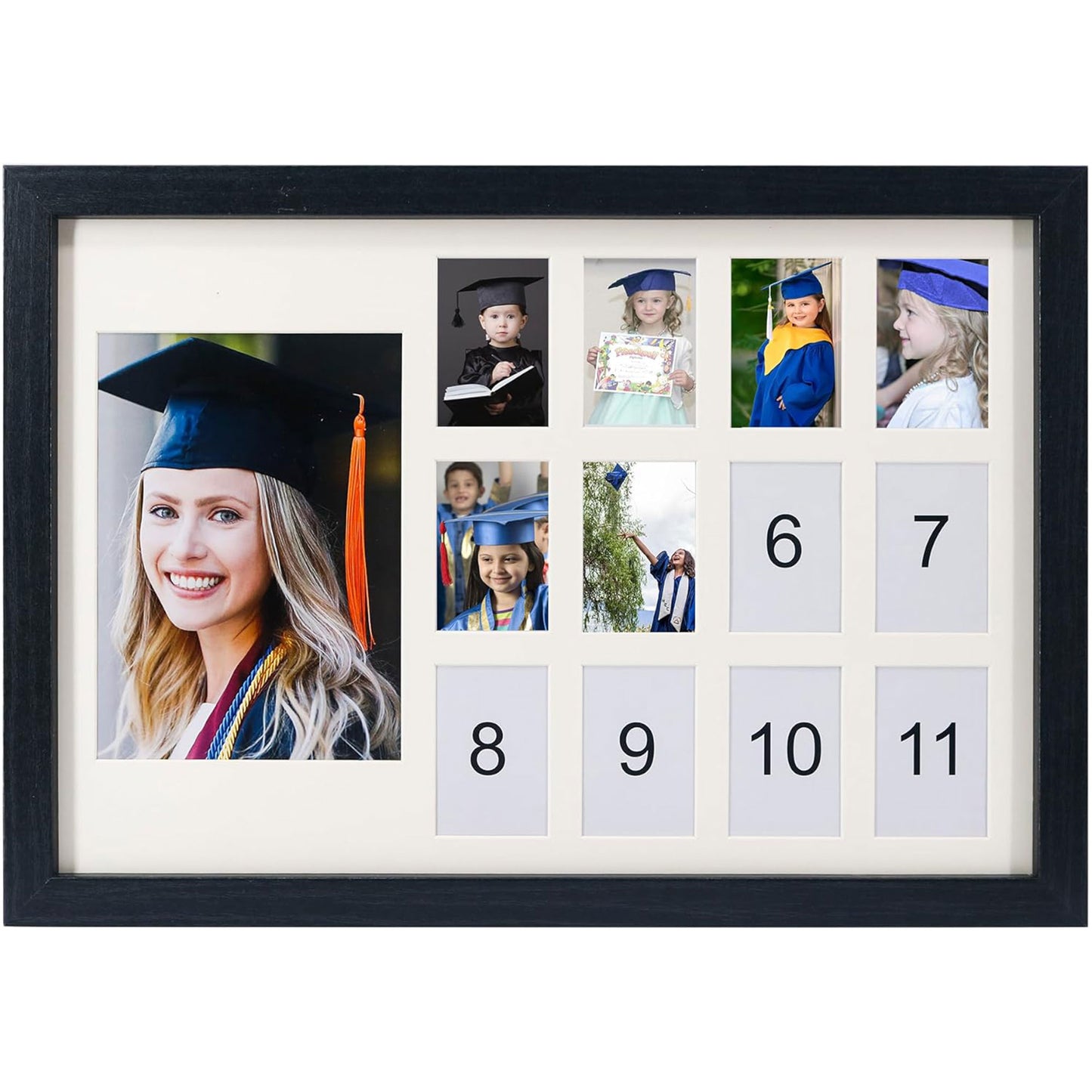Graduation School Years K-12 Day Collage Wood with Double White Mat Photo Horizontal Frame - 2 Colors Available