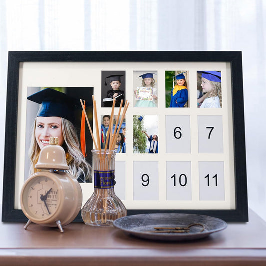 Graduation School Years K-12 Day Collage Wood with Double White Mat Photo Horizontal Frame - 2 Colors Available