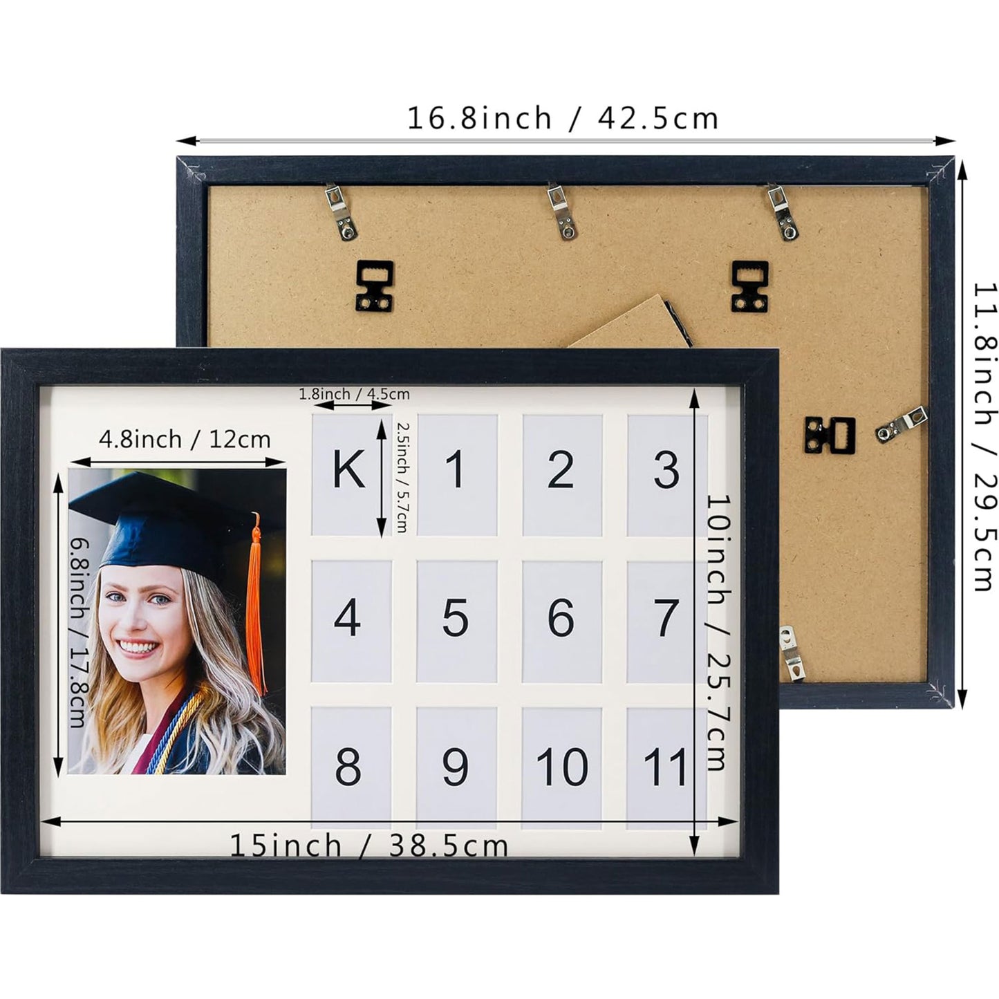 Graduation School Years K-12 Day Collage Wood with Double White Mat Photo Horizontal Frame - 2 Colors Available