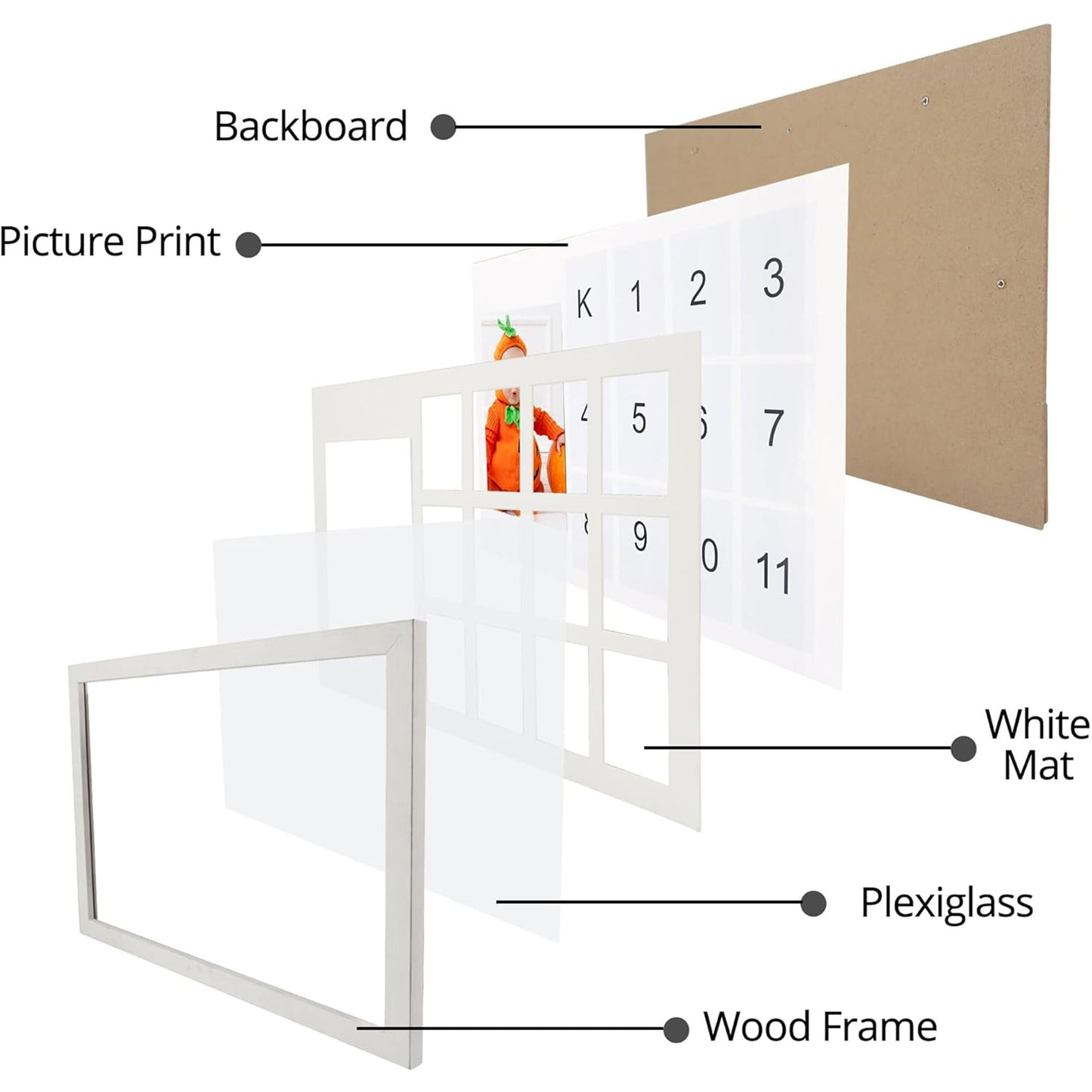 Graduation School Years K-12 Day Collage Wood with Double White Mat Photo Horizontal Frame - 2 Colors Available