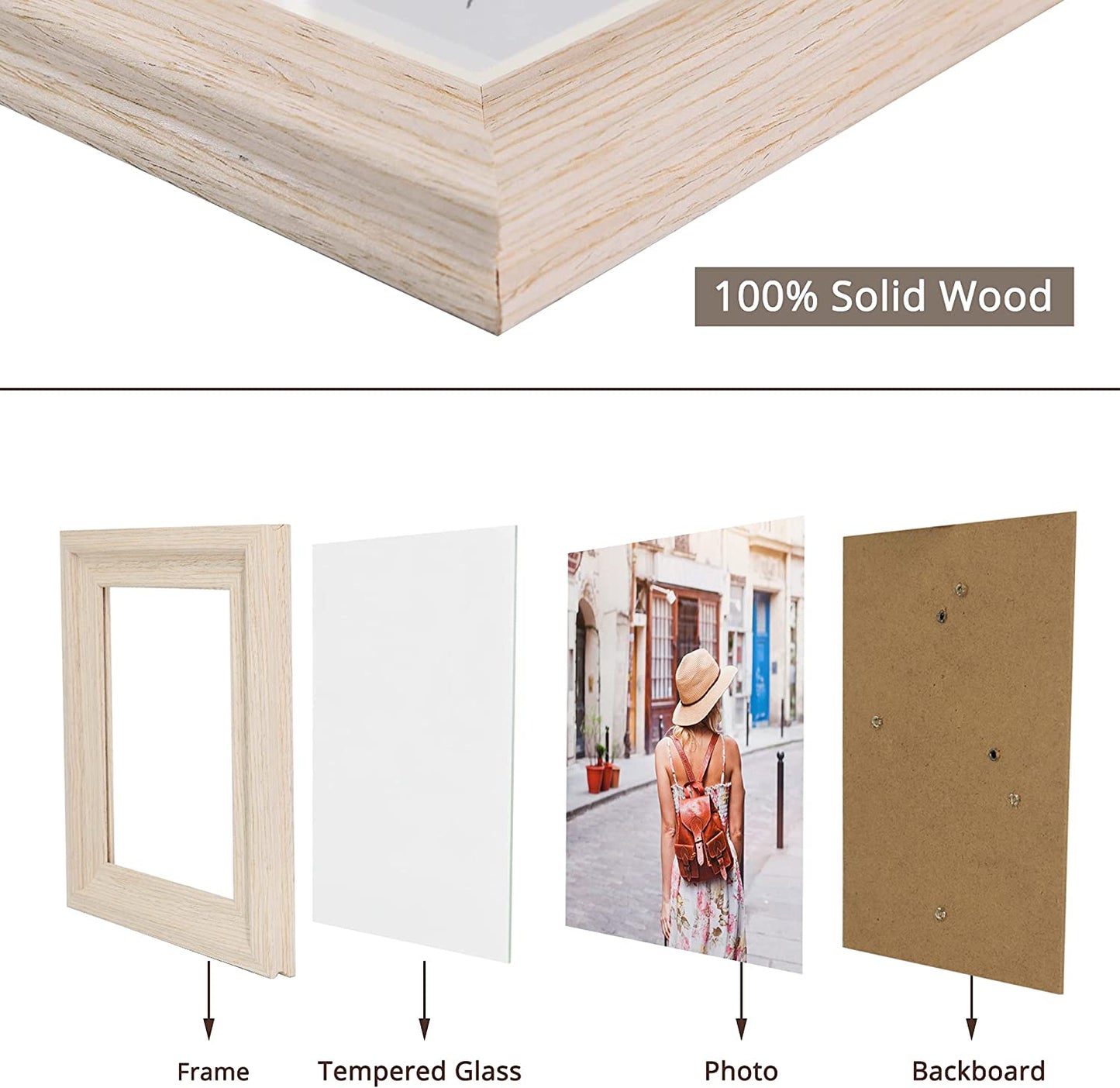 Wood Photo Frames with Real Glass for 4"×6" Pack of 2 - 3 Colors Available