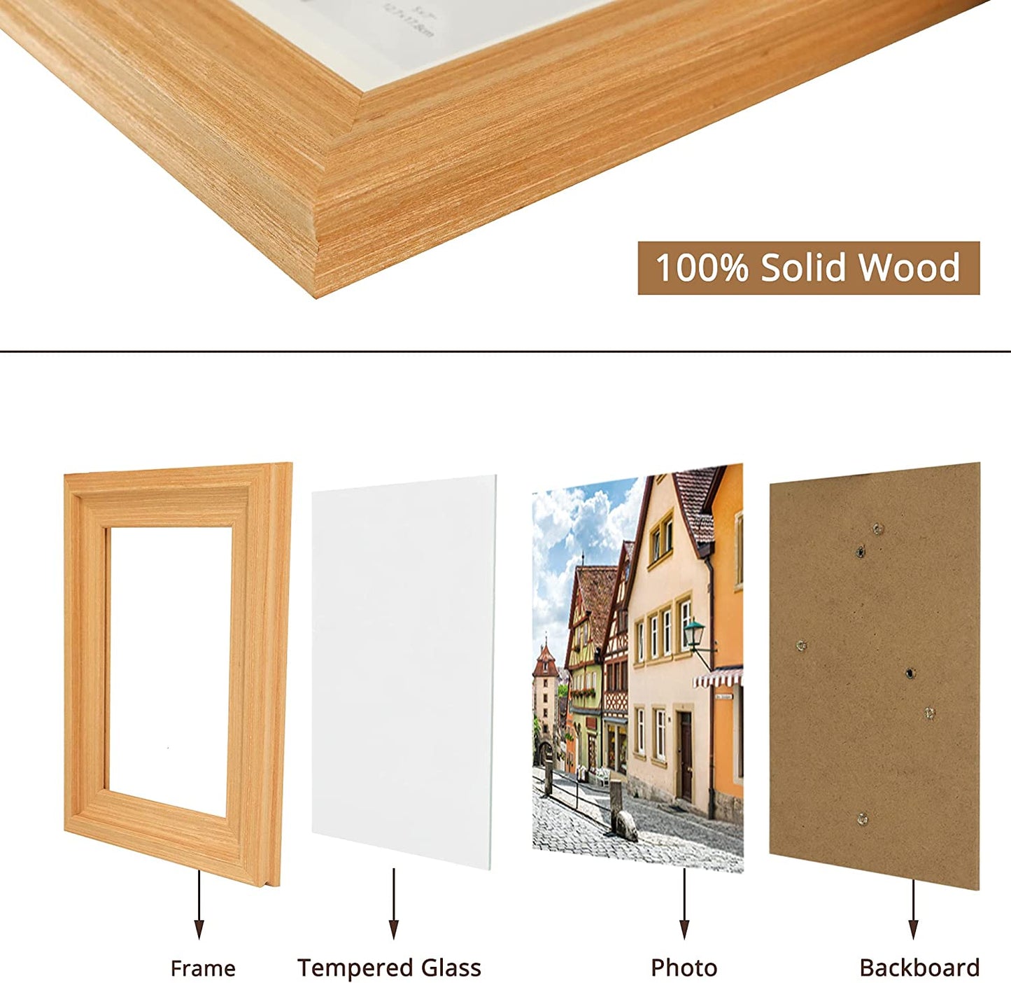 Wood Photo Frames with Real Glass for 4"×6" Pack of 2 - 3 Colors Available