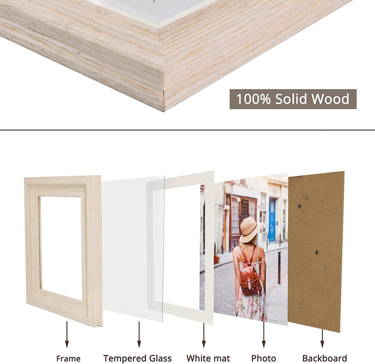 Wood Photo Frames with Real Glass for 8"×10" Pack of 2 - 3 Colors Available