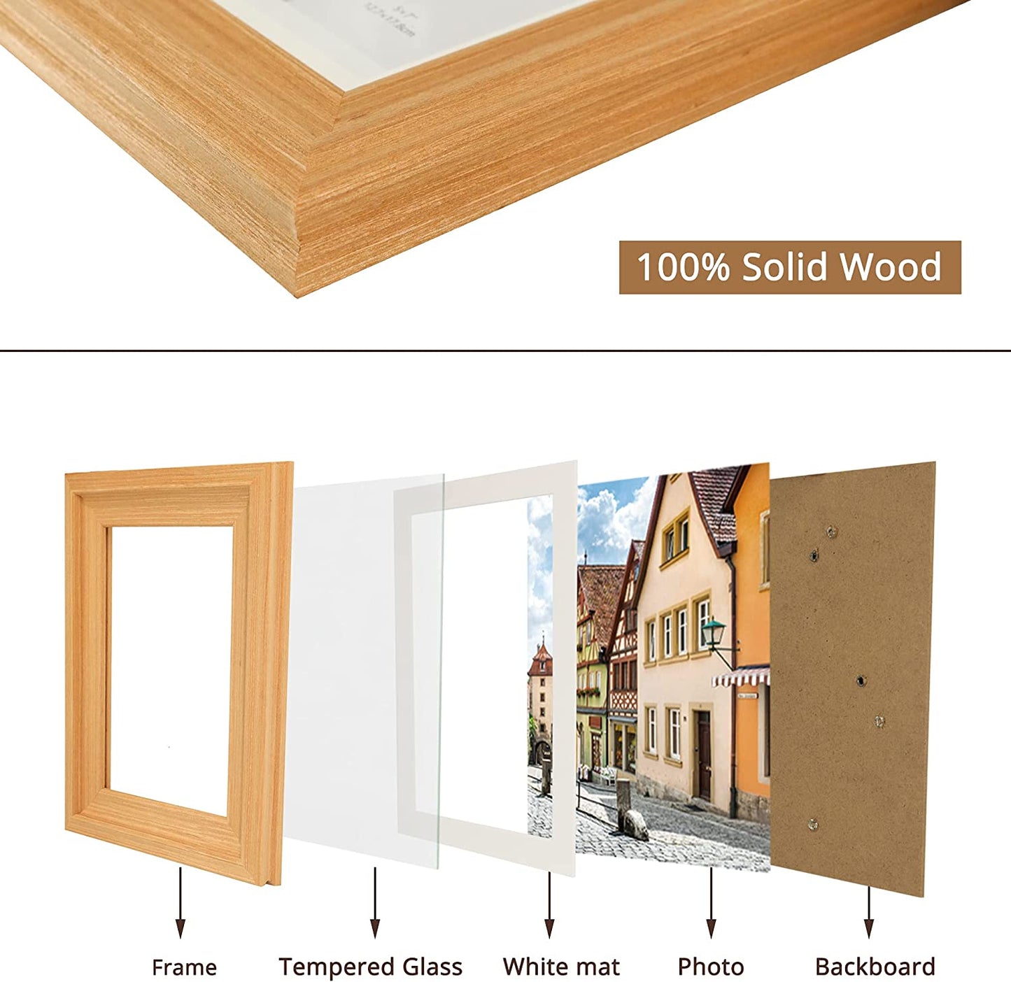 Wood Photo Frames with Real Glass for 8"×10" Pack of 2 - 3 Colors Available