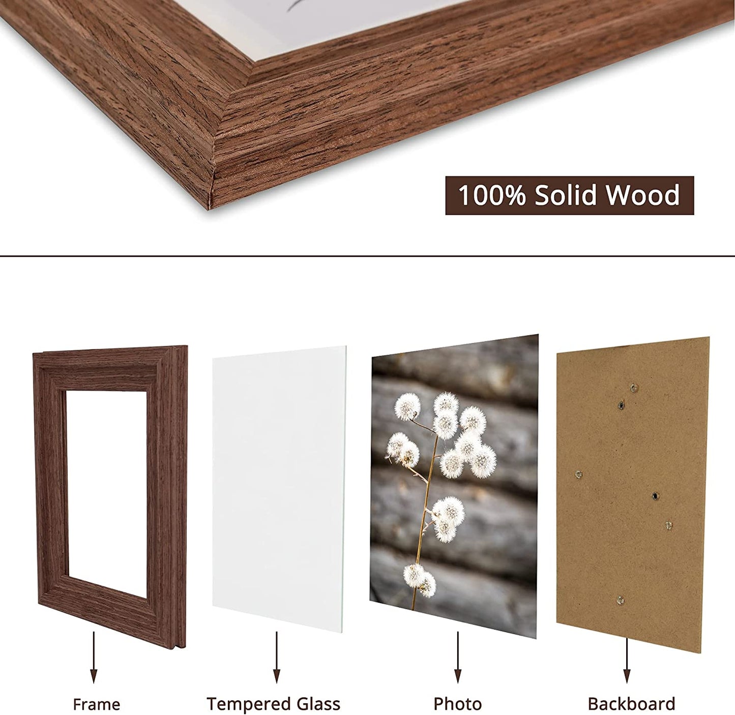 Wood Photo Frames with Real Glass for 4"×6" Pack of 2 - 3 Colors Available