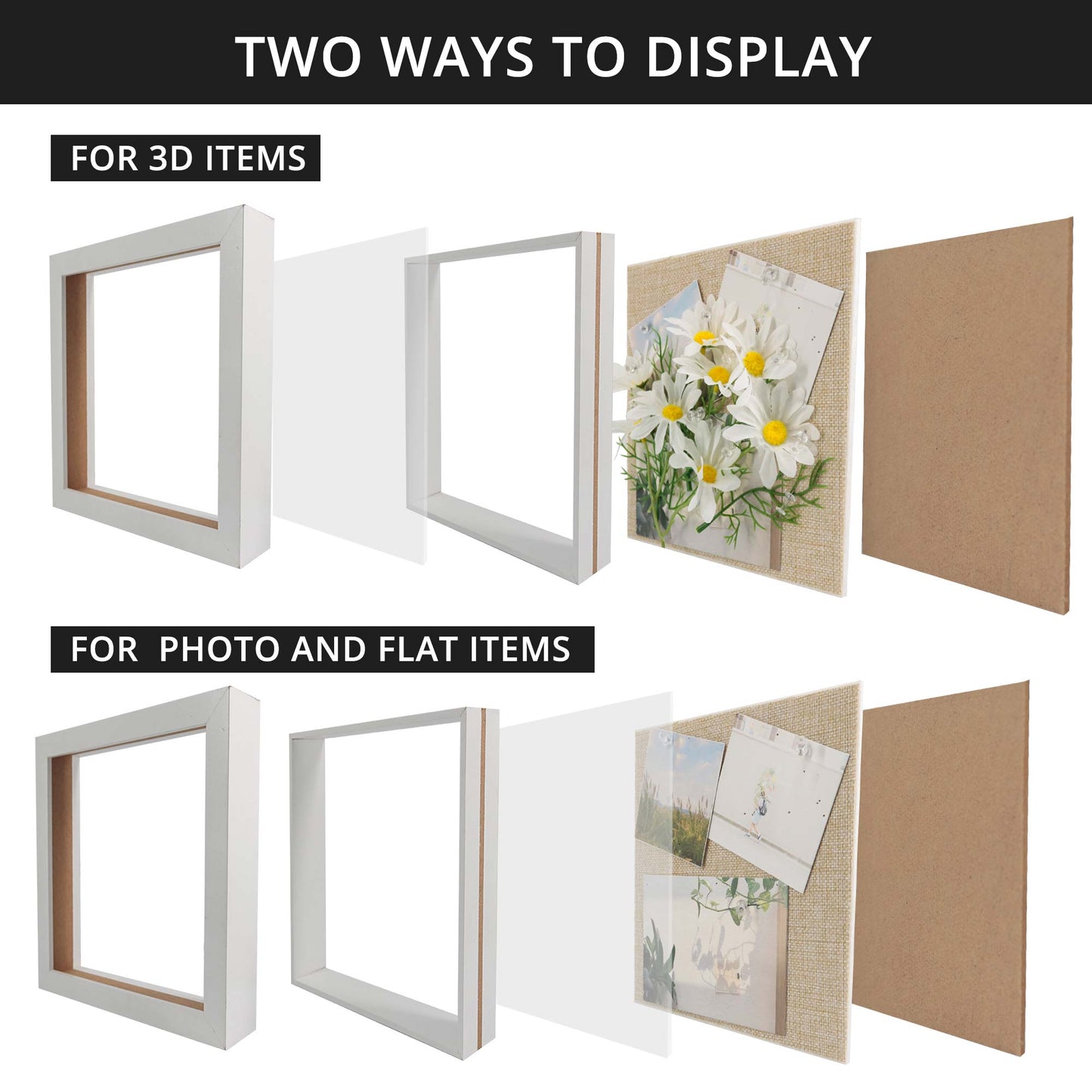 White Shadow Box Frame Wood Display Case with Linen Back in 3 Sizes