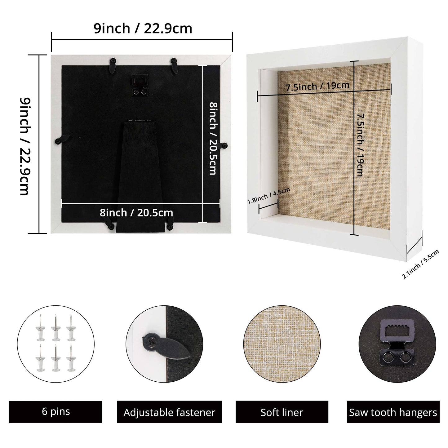 White Shadow Box Frame Wood Display Case with Linen Back in 3 Sizes