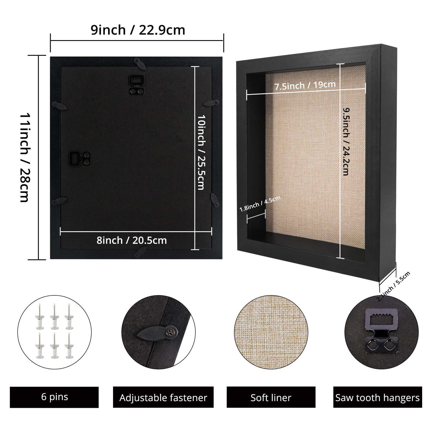 Shadow Box Frame Wood Display Case with Linen Back in 6 Sizes