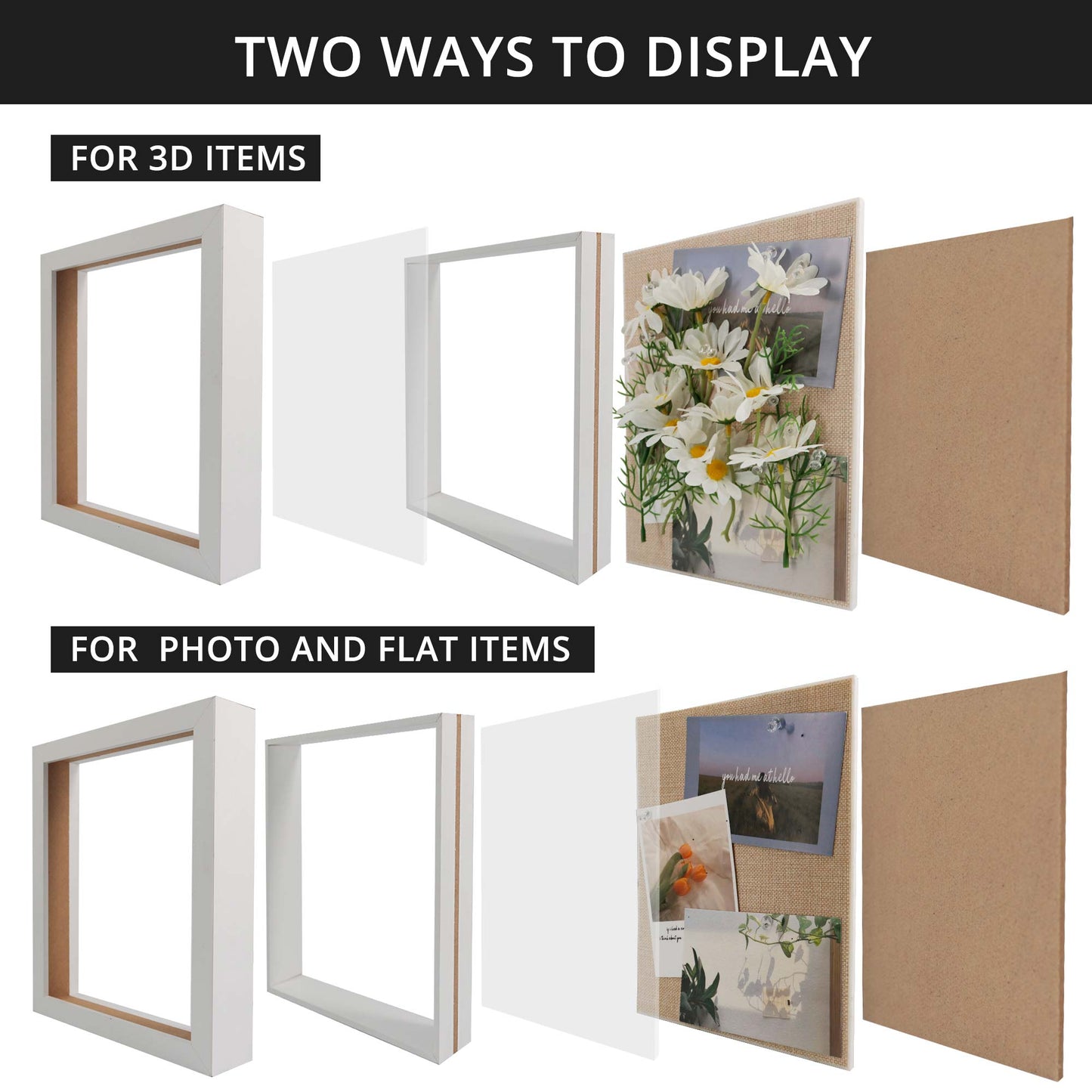 White Shadow Box Frame Wood Display Case with Linen Back in 3 Sizes