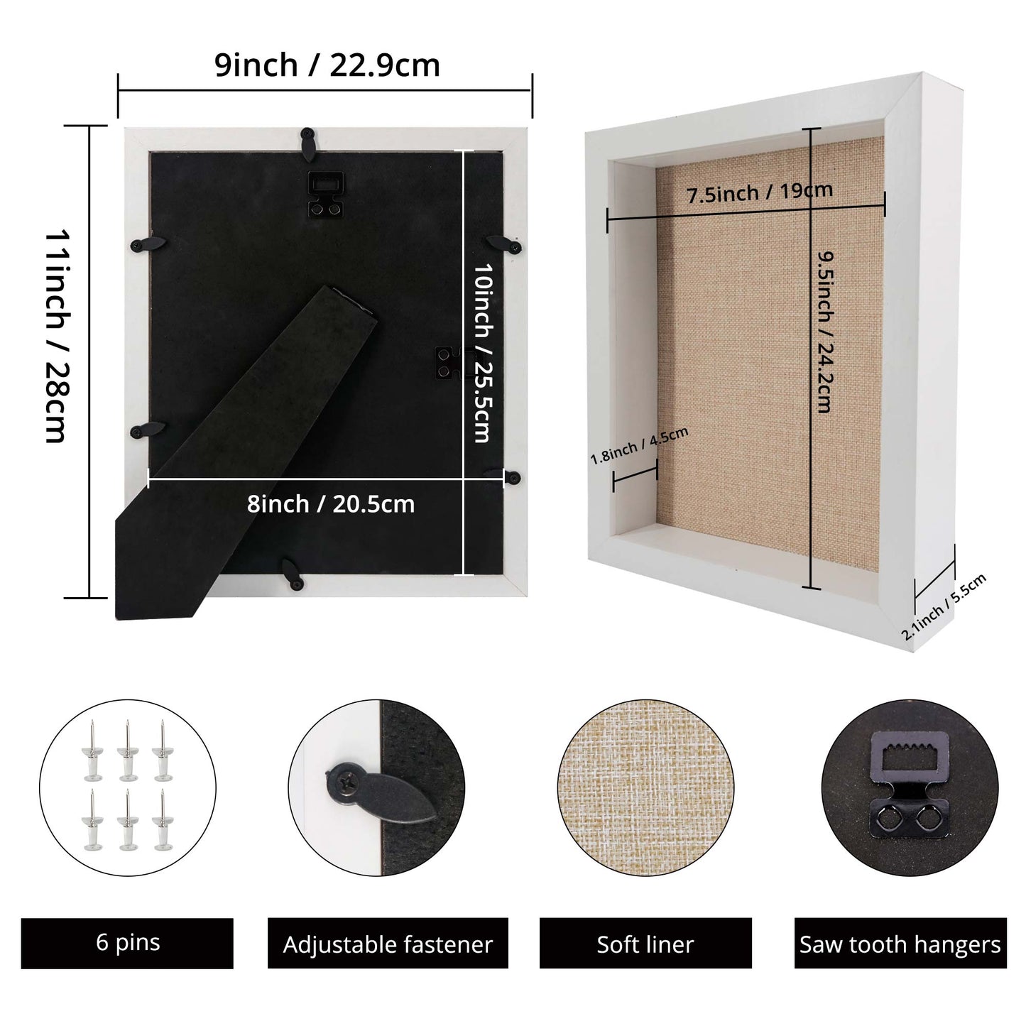 White Shadow Box Frame Wood Display Case with Linen Back in 3 Sizes