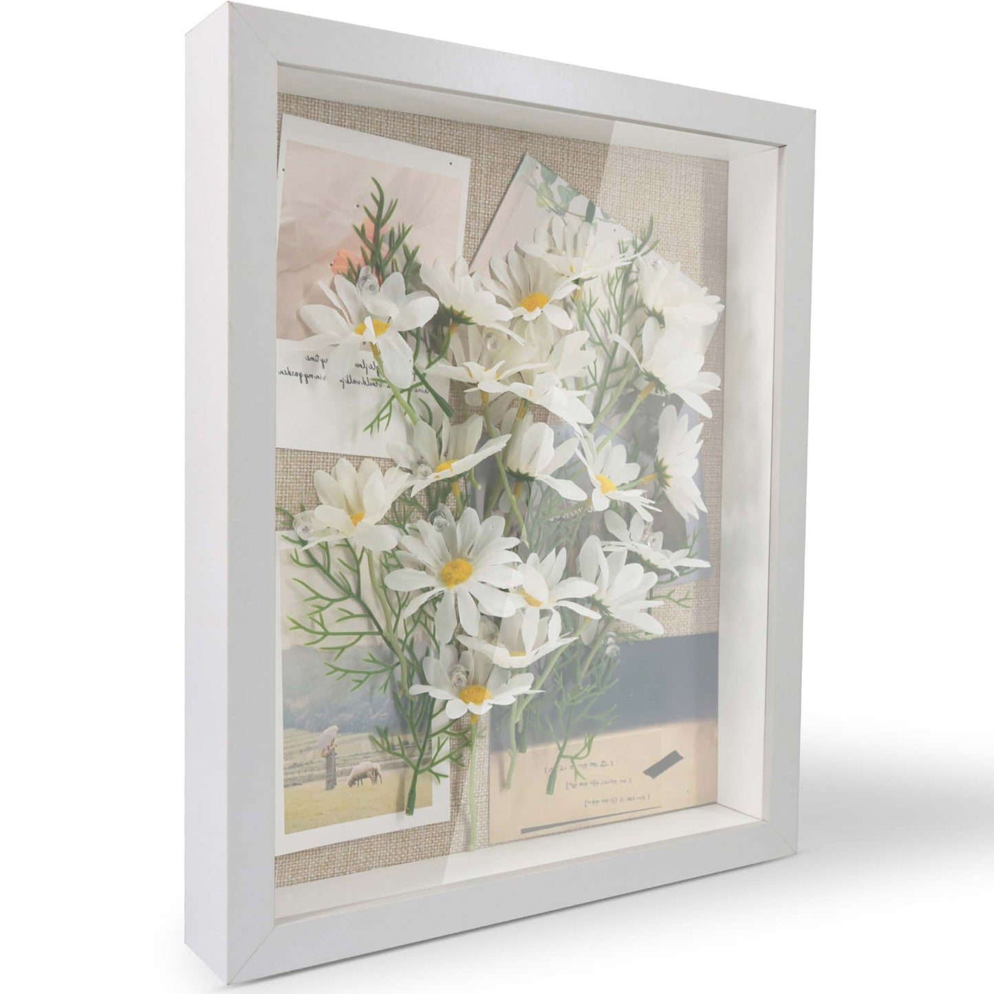 White Shadow Box Frame Wood Display Case with Linen Back in 3 Sizes