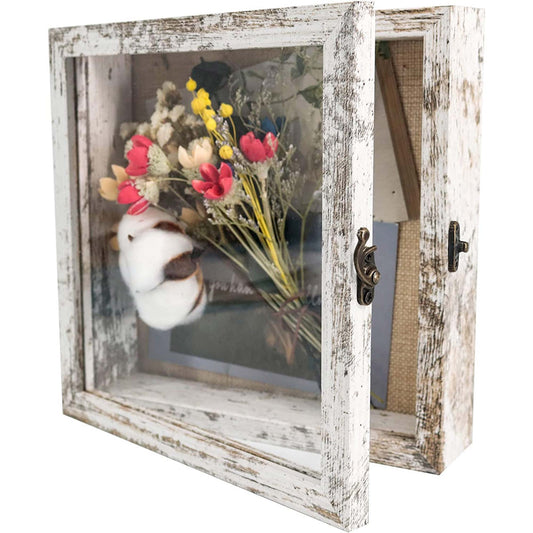 Rustic White Real Glass Shadow Box Frame Window Door With Hinge in 4 Sizes