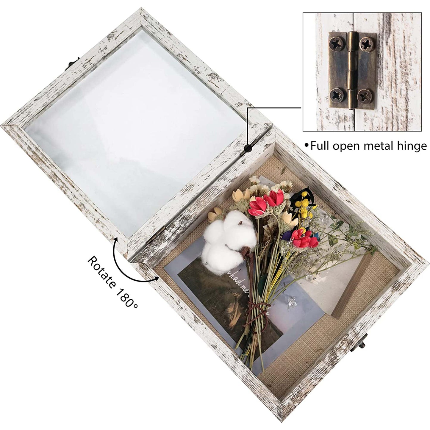 Rustic White Real Glass Shadow Box Frame Window Door With Hinge in 4 Sizes