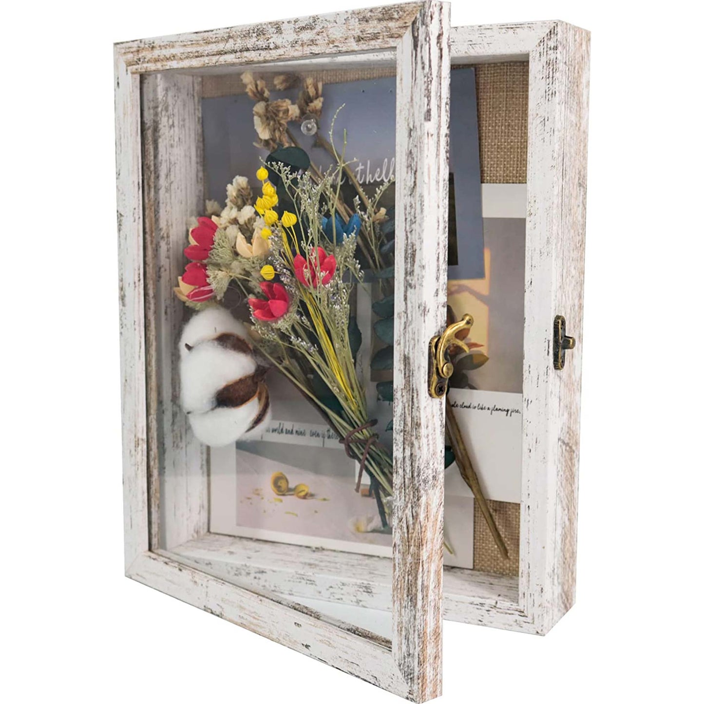 Rustic White Real Glass Shadow Box Frame Window Door With Hinge in 4 Sizes
