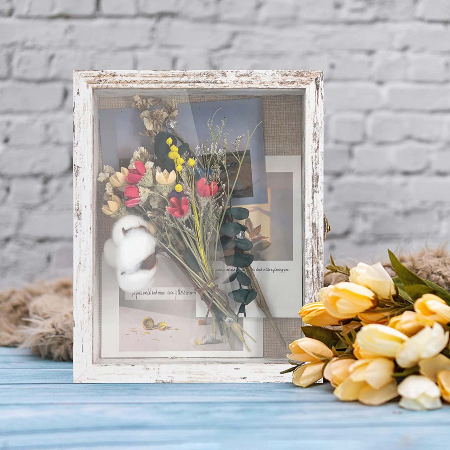 Rustic White Real Glass Shadow Box Frame Window Door With Hinge in 4 Sizes