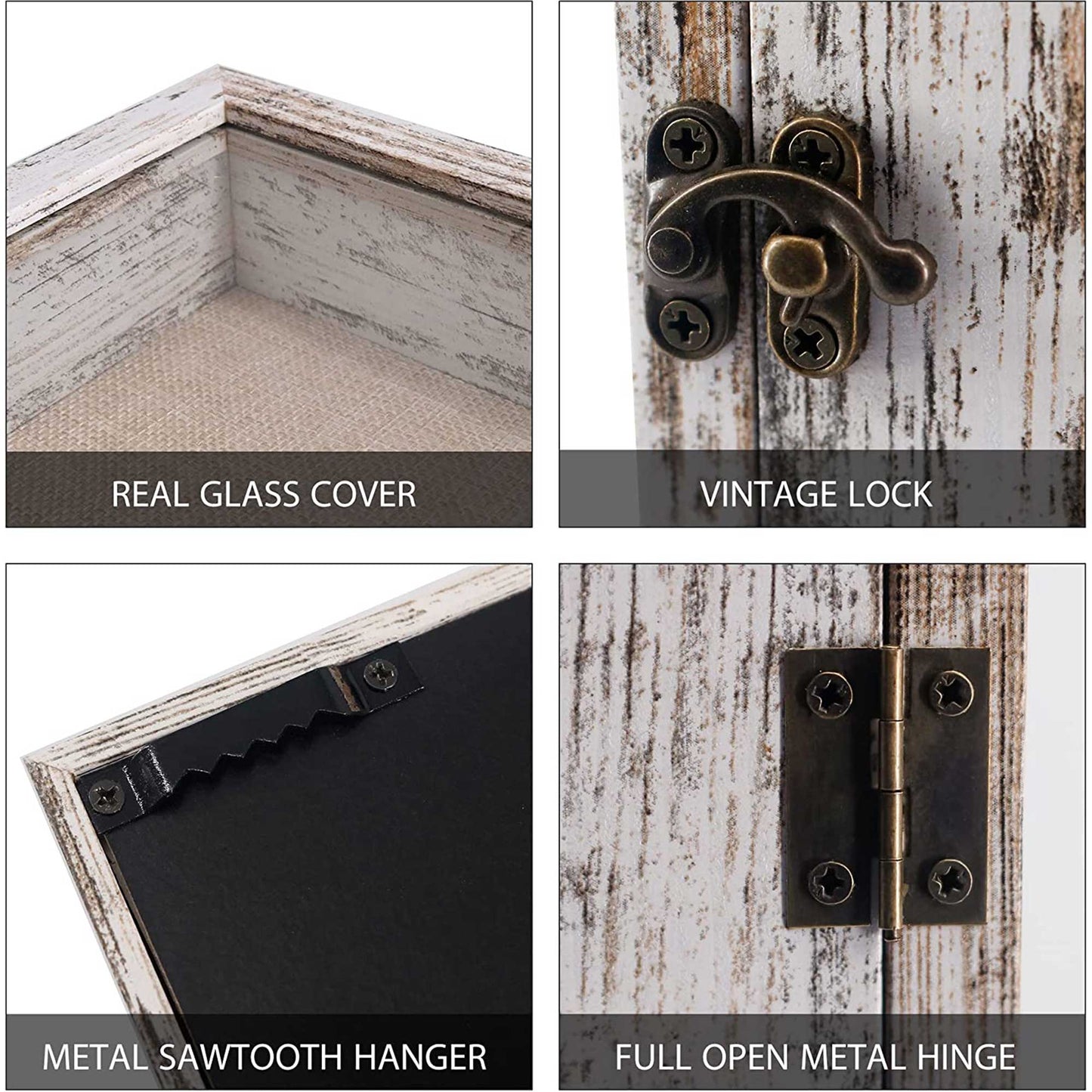 Rustic White Real Glass Shadow Box Frame Window Door With Hinge in 4 Sizes