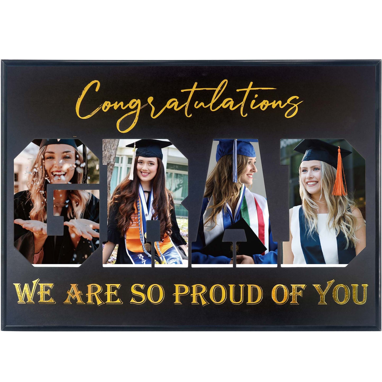 Graduation Wall Mounting 17x12 Black Picture Frame with Black Mat Displays Four 4x6 Photo