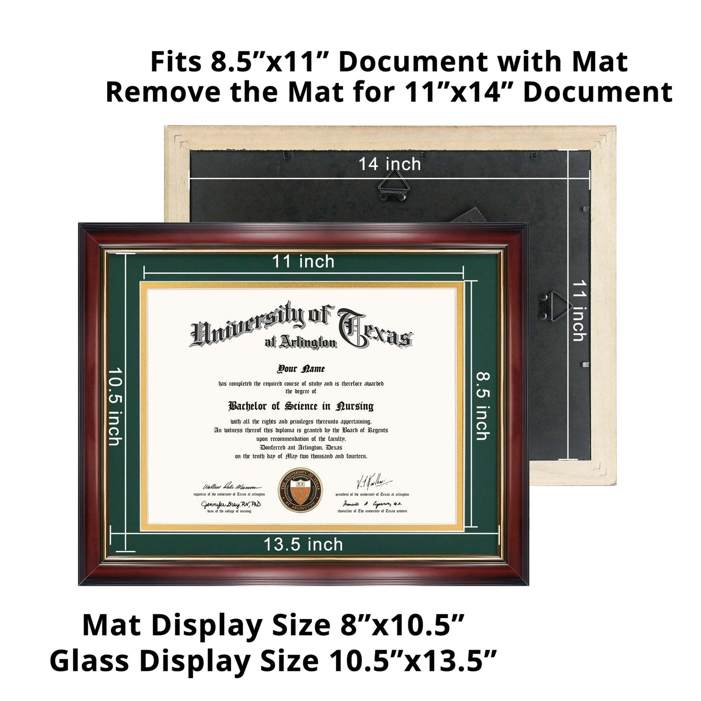 Certificate Document Diploma Real Wood Frame with Mat for 8.5" x 11" - 13 Colors Available