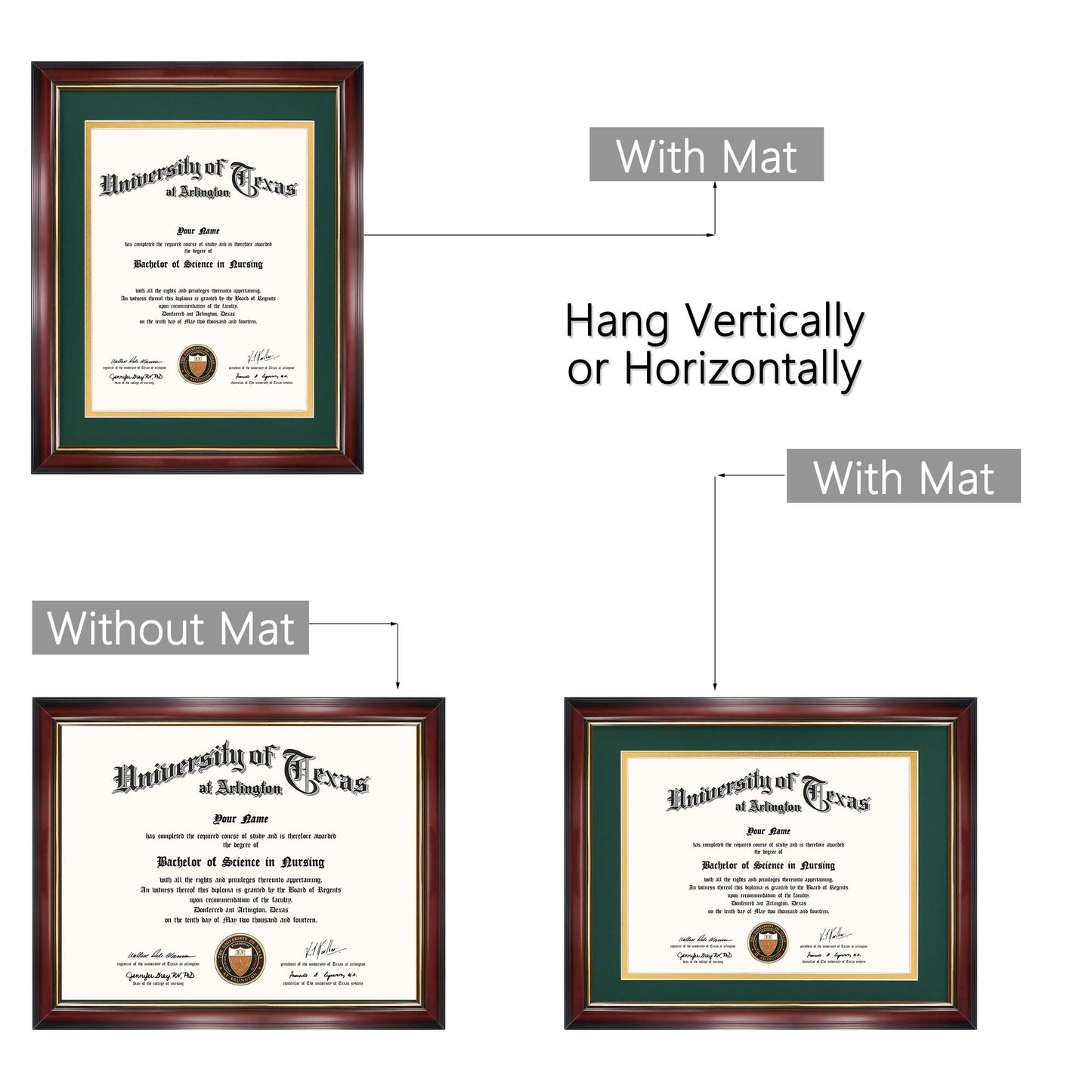 Certificate Document Diploma Real Wood Frame with Mat for 8.5" x 11" - 13 Colors Available