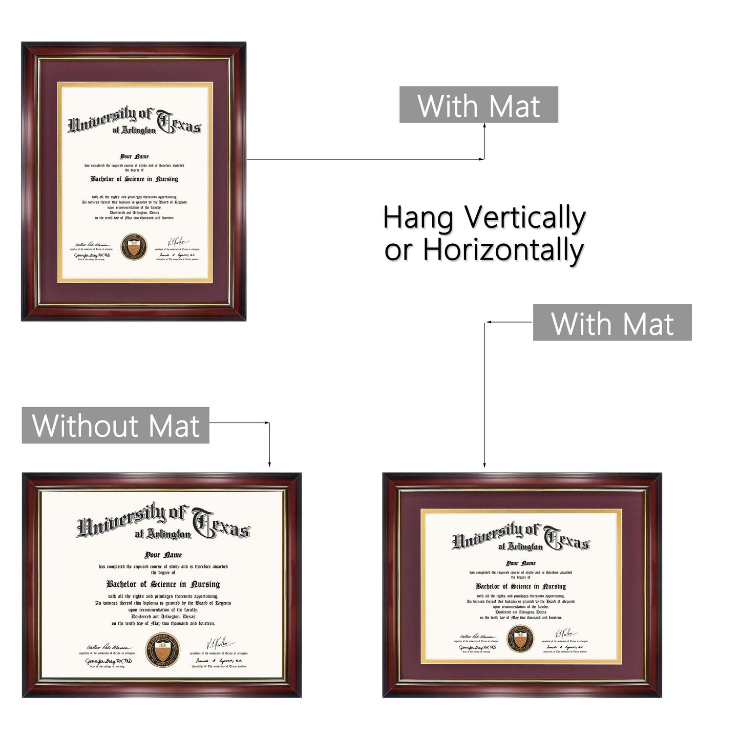 Certificate Document Diploma Real Wood Frame with Mat for 8.5" x 11" - 13 Colors Available