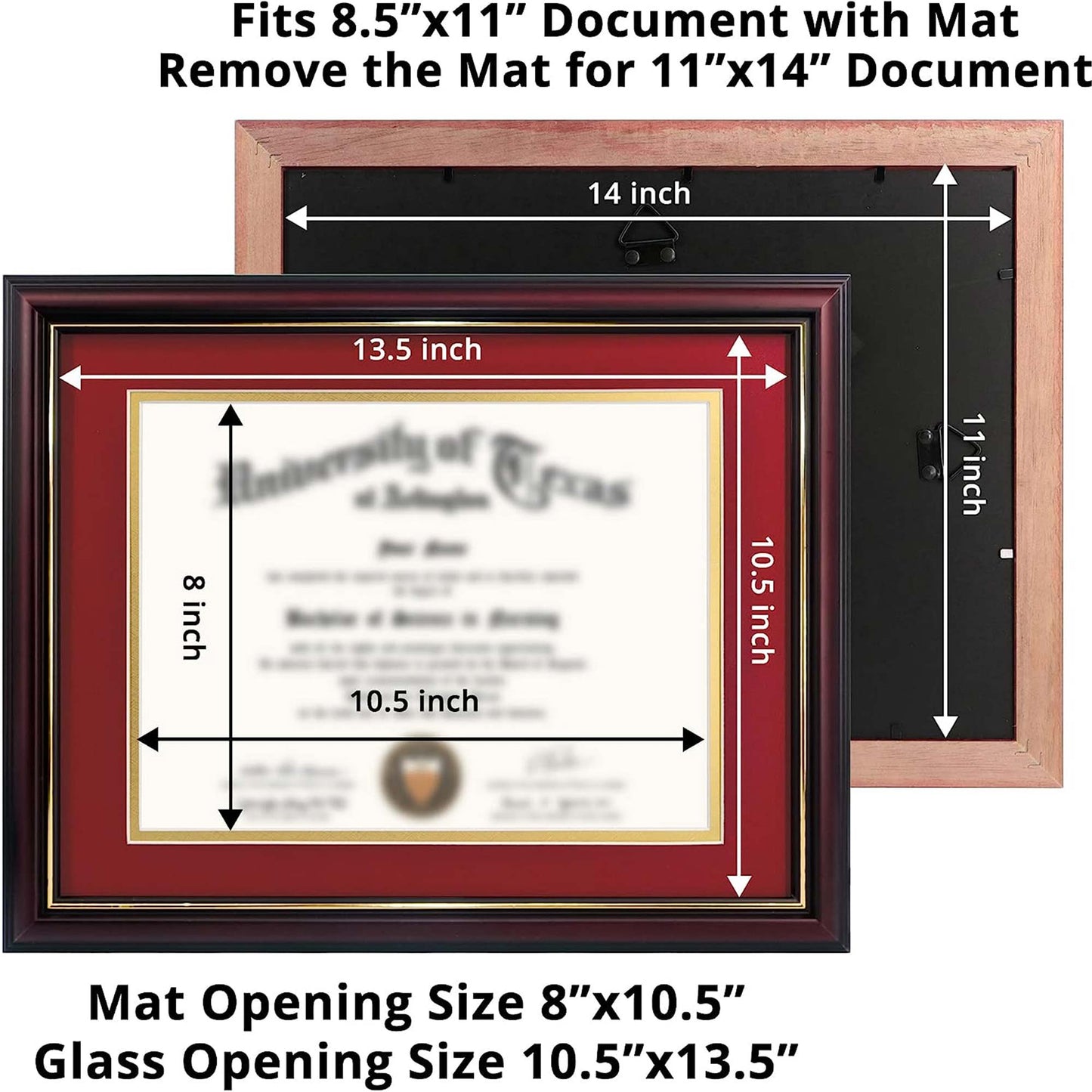 Certificate Document Diploma Real Wood Frame with Mat for 8.5" x 11" - 13 Colors Available