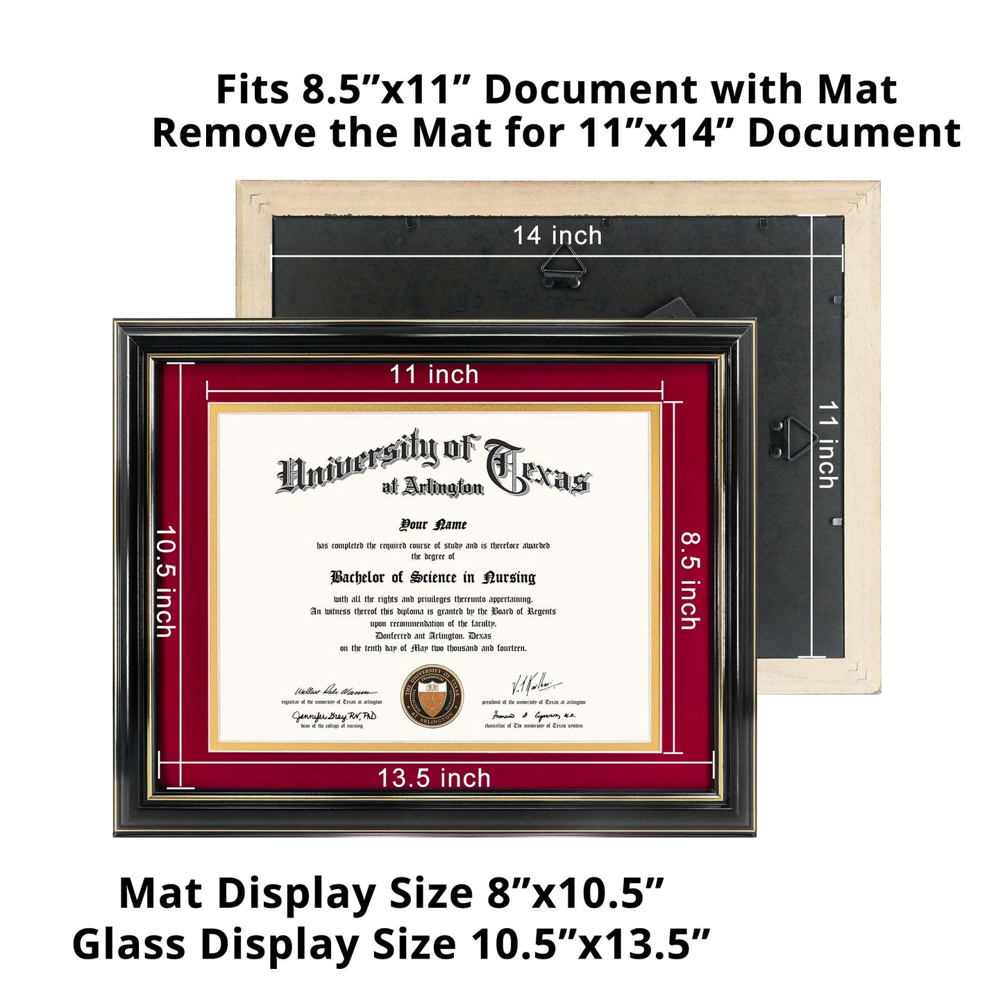 Certificate Document Diploma Real Wood Frame with Mat for 8.5" x 11" - 13 Colors Available