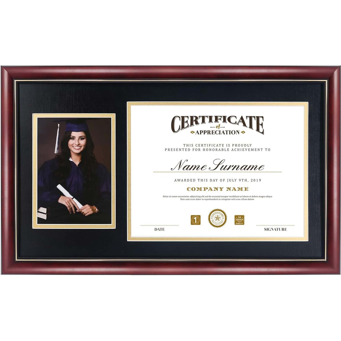 Certificate Solid Wood & UV Protection Acrylic Cherry Finish with 5x7 Picture for 8.5x11