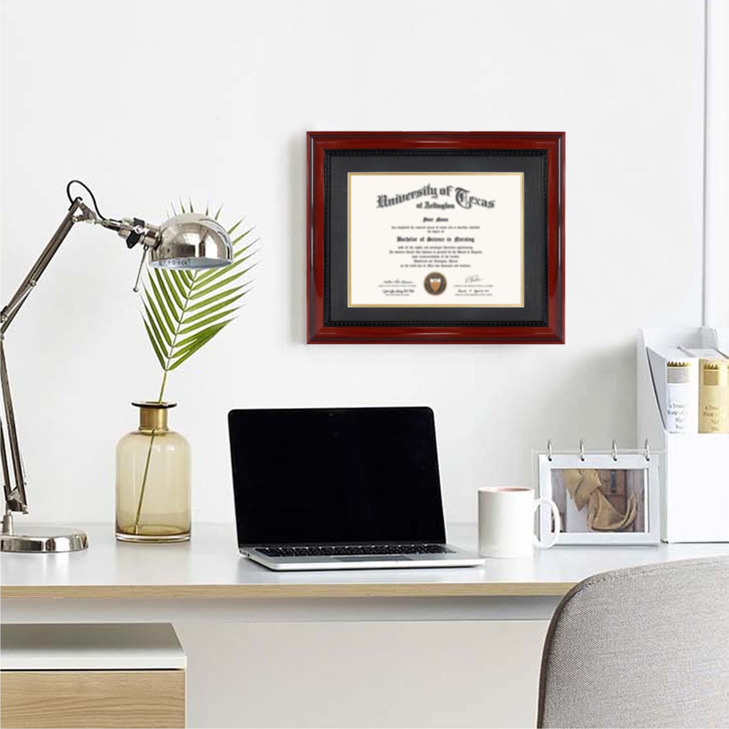 Certificate Document Diploma Cherry Finish with Intricate Black Rope Detail Solid Wood Frame with Mat for 8.5x11