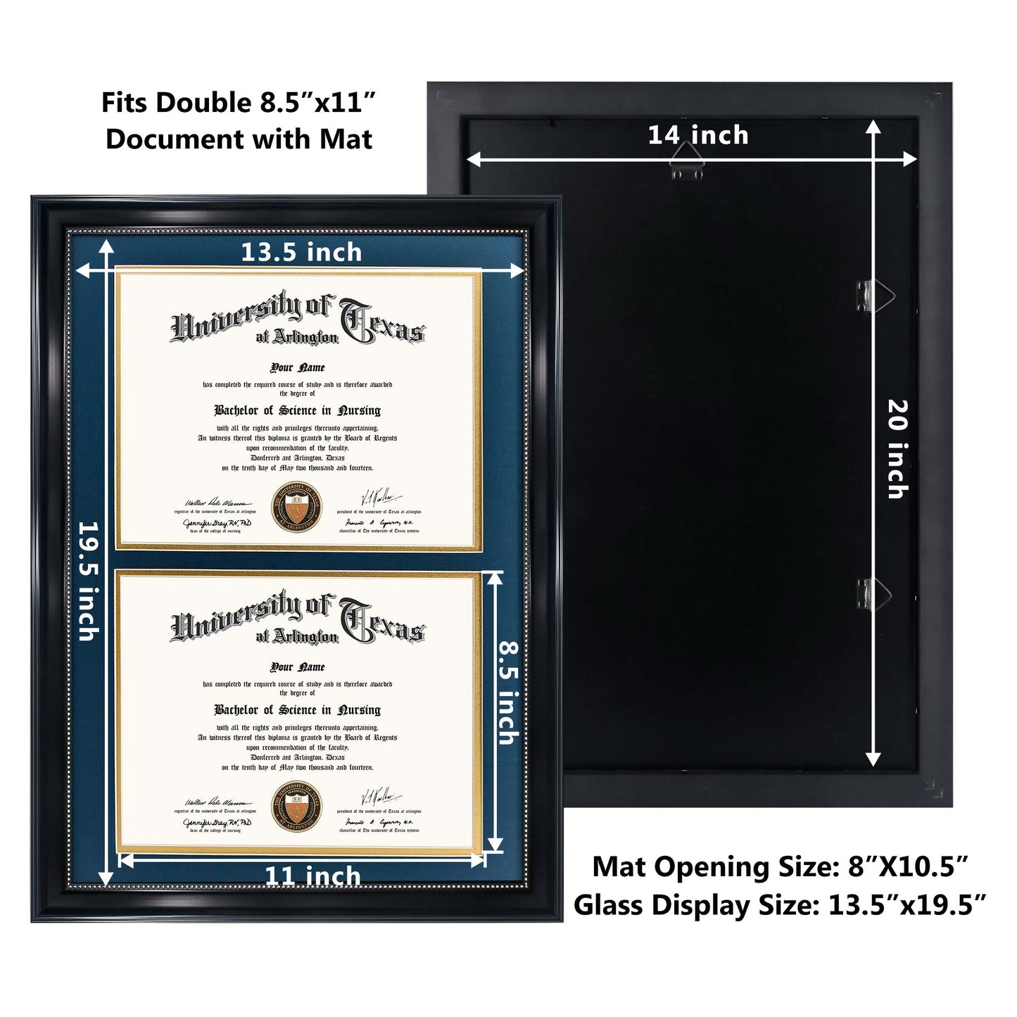 Double Certificate Document Diploma Recycled Polystyrene Frame for 8.5" x 11" - 4 Colors Available