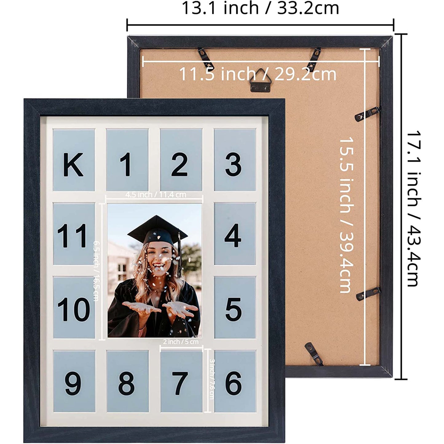 Graduation School Years K-12 Day Collage Wood with Double White Mat Photo Frame - 2 Colors Available