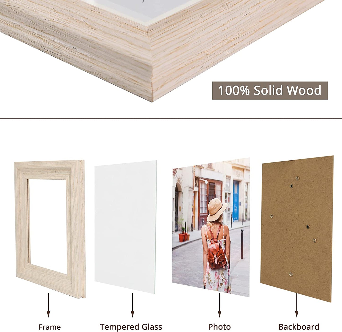 Wood Photo Frames with Real Glass for 5"×7" Pack of 2 - 3 Colors Available