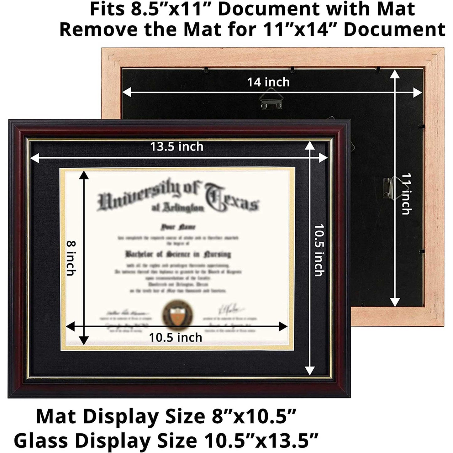 Certificate Document Diploma Real Wood Frame with Mat for 8.5" x 11" - 13 Colors Available