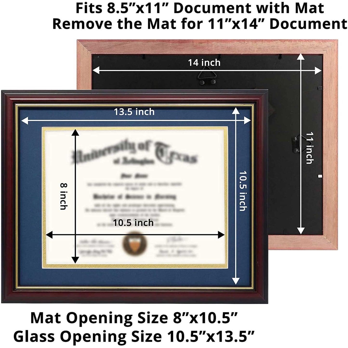 Certificate Document Diploma Real Wood Frame with Mat for 8.5" x 11" - 13 Colors Available