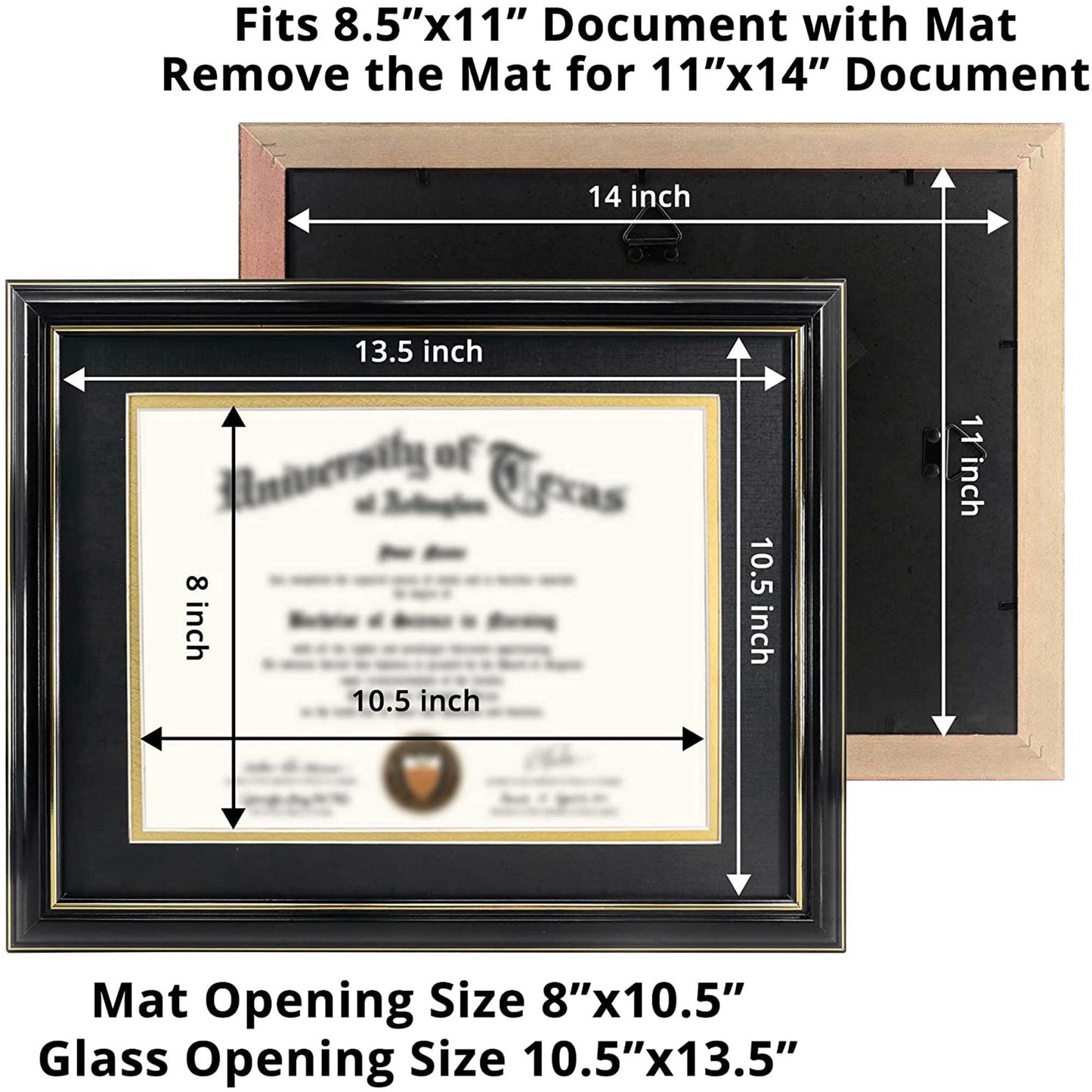 Certificate Document Diploma Real Wood Frame with Mat for 8.5" x 11" - 13 Colors Available