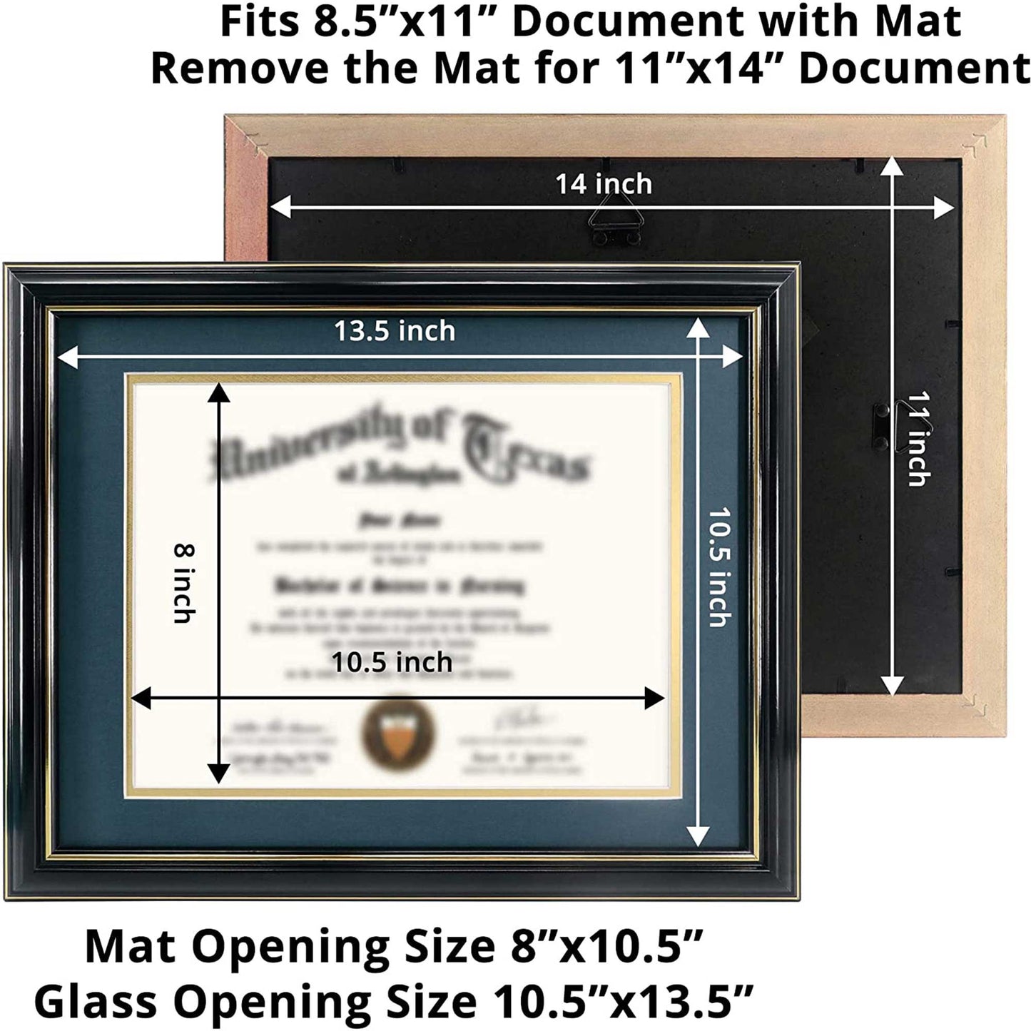 Certificate Document Diploma Real Wood Frame with Mat for 8.5" x 11" - 13 Colors Available