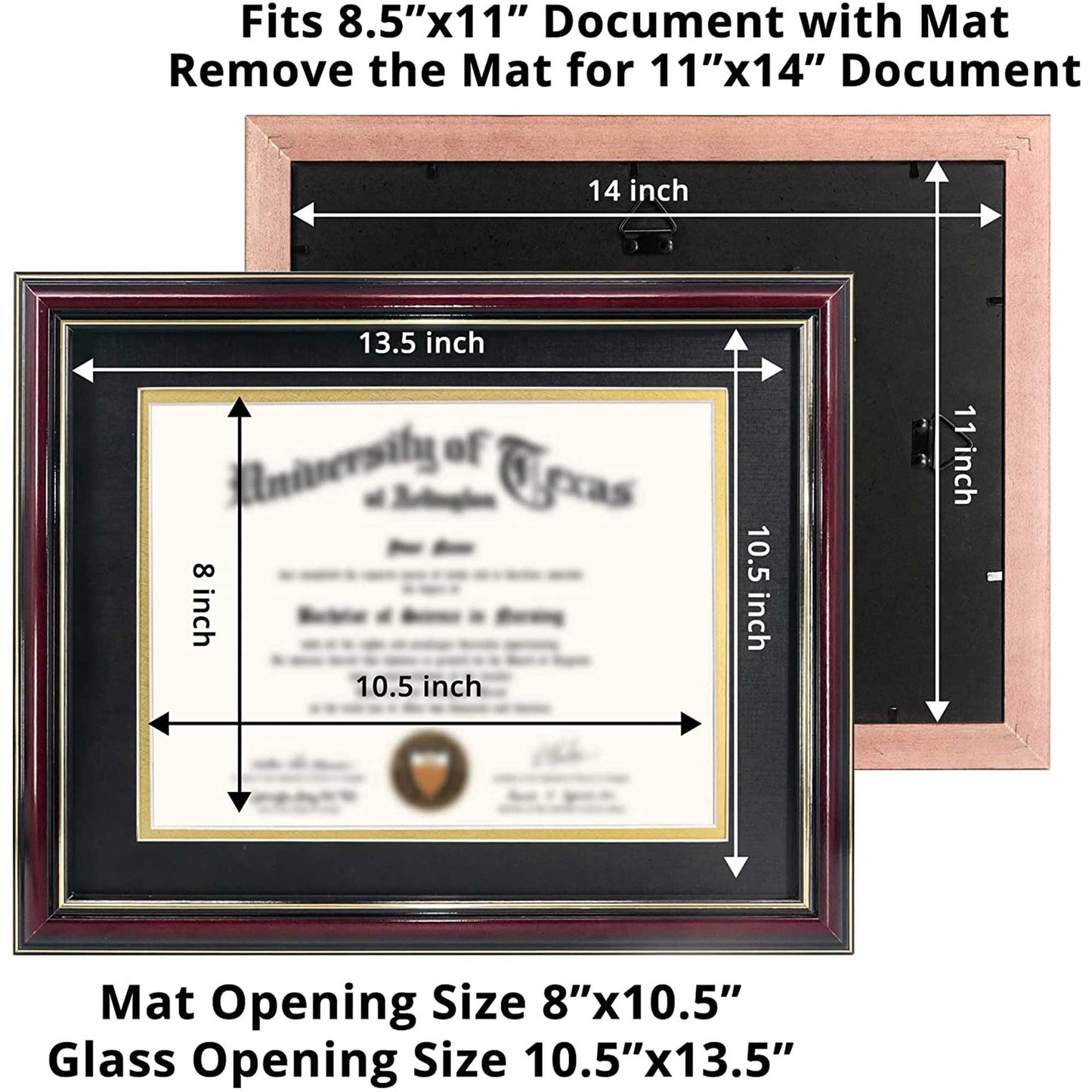 Certificate Document Diploma Real Wood Frame with Mat for 8.5" x 11" - 13 Colors Available