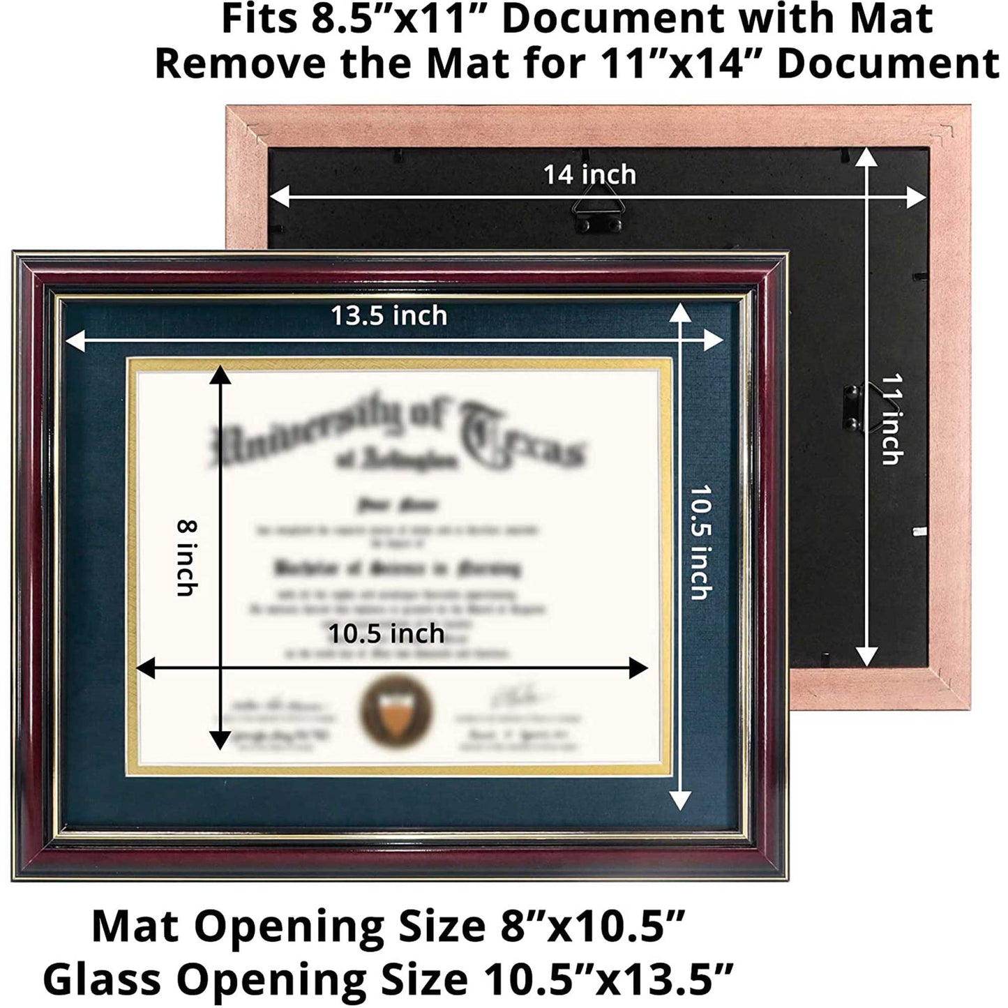 Certificate Document Diploma Real Wood Frame with Mat for 8.5" x 11" - 13 Colors Available