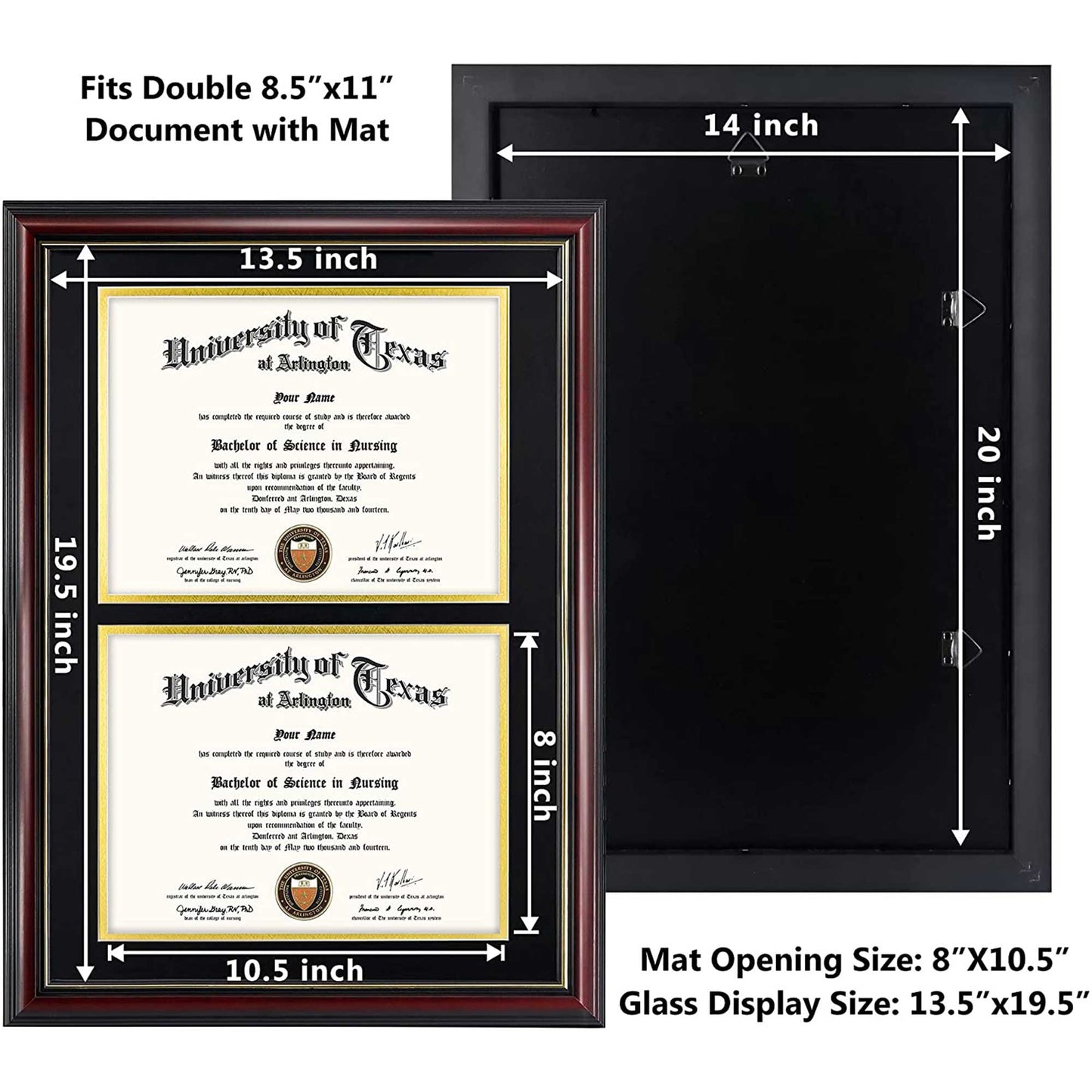 Double Certificate Document Diploma Real Wood Frame for 8.5" x 11" - 2 Colors Available