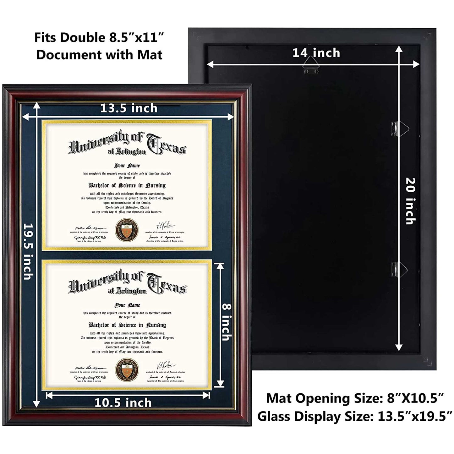 Double Certificate Document Diploma Real Wood Frame for 8.5" x 11" - 2 Colors Available