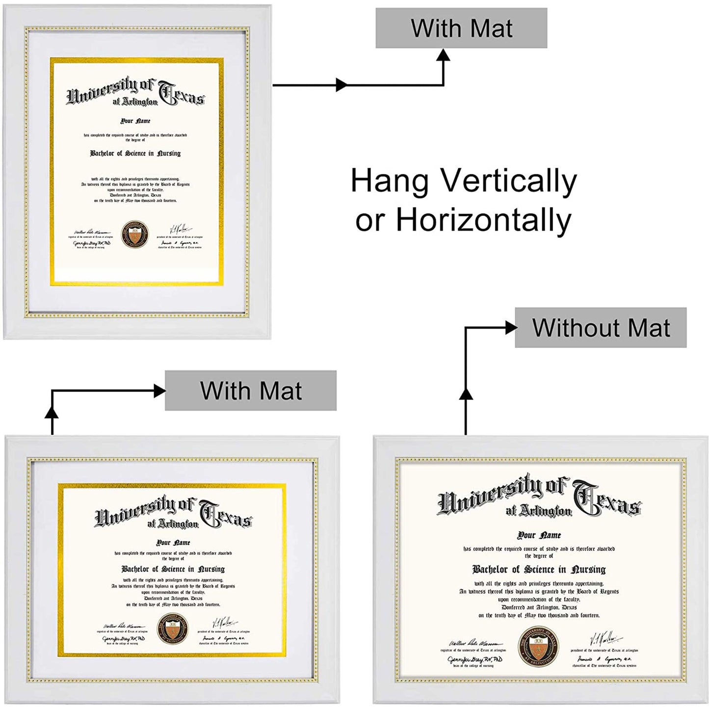 Certificate Document Diploma Recycled Polystyrene Frame with Mat for 8.5" x 11" - 3 Colors Available