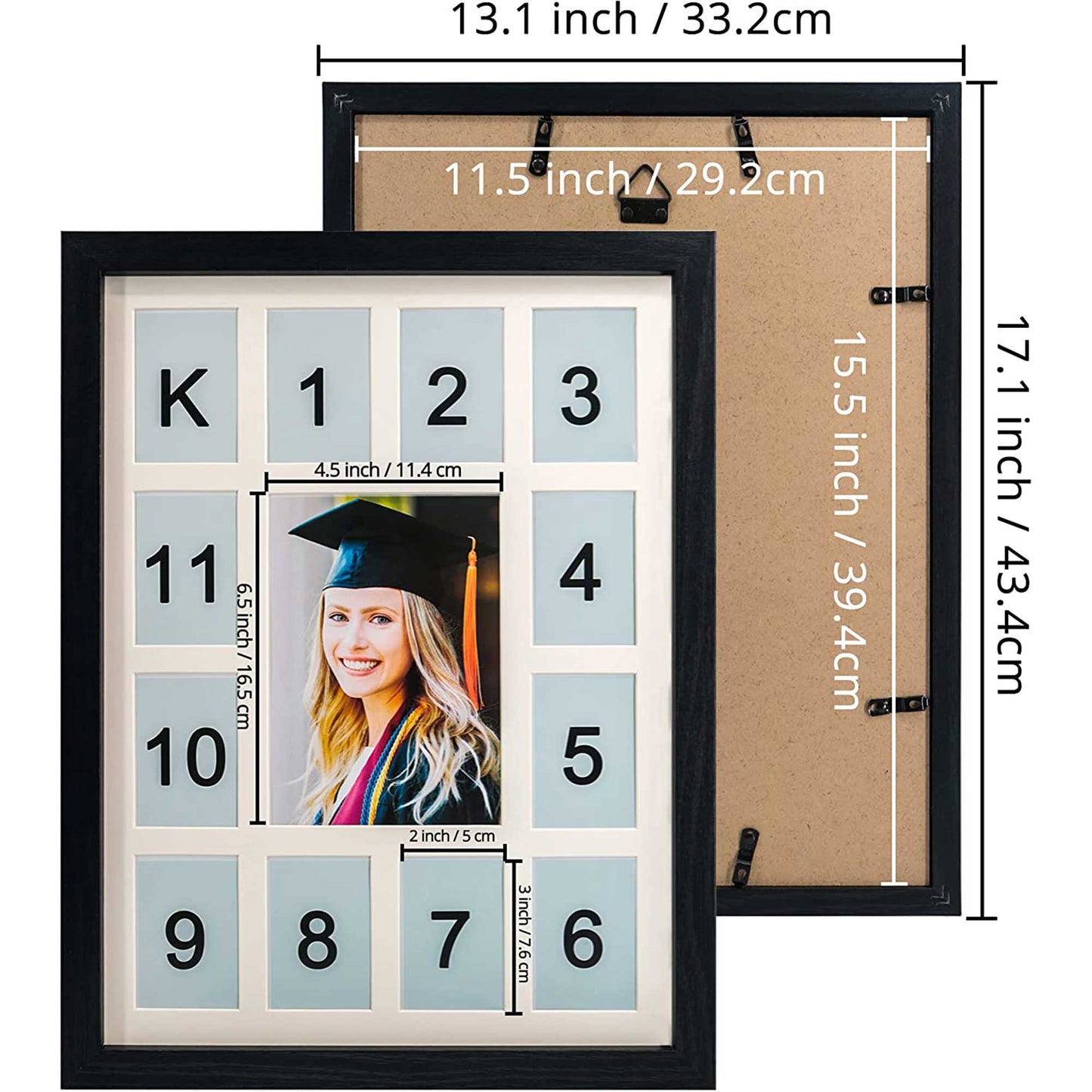 Graduation School Years K-12 Day Collage Wood with Double White Mat Photo Frame - 2 Colors Available