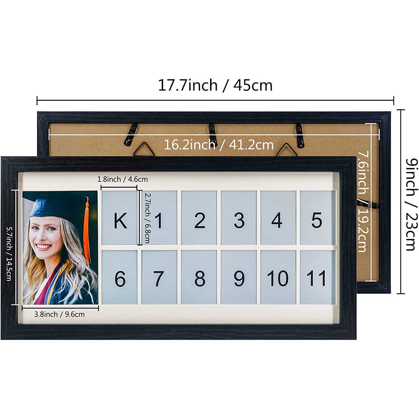 Graduation School Years K-12 Day Collage Wood with Double White Mat Photo Horizontal Frame - 2 Colors Available